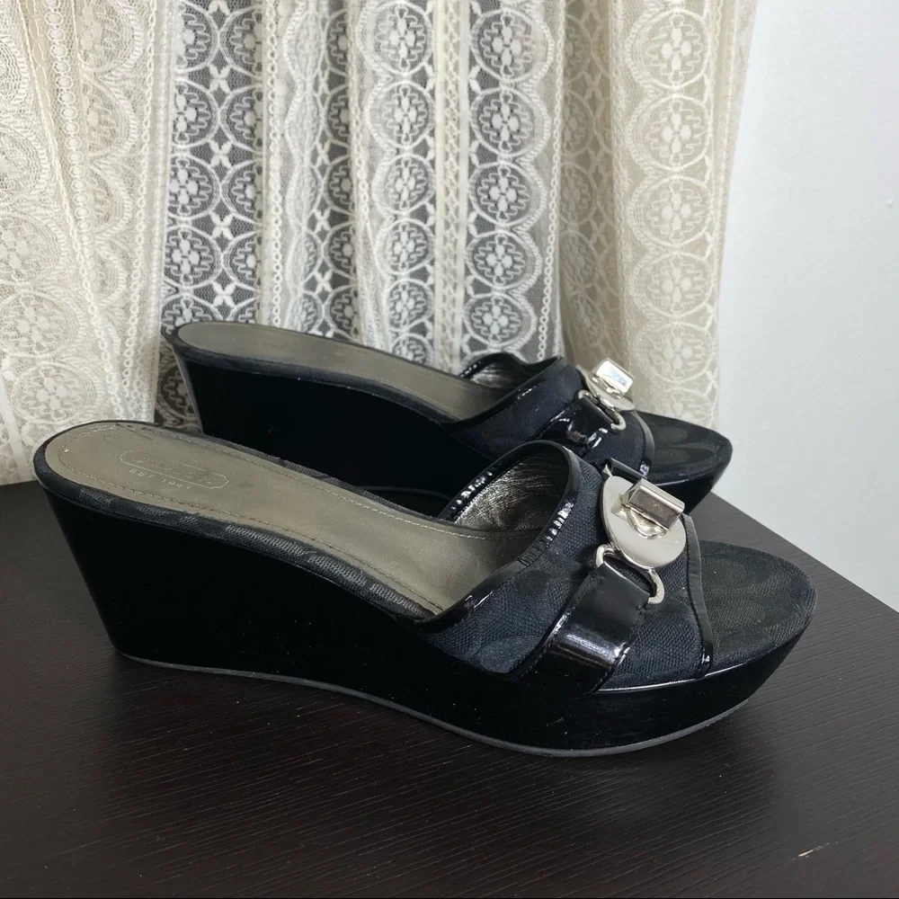 Coach Black Wedge Slide Sandals with Signature Hardware